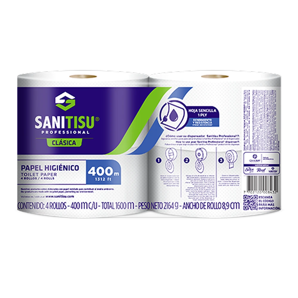 Papel Higiénico Jumbo 400 M Hoja Sencilla Blanco